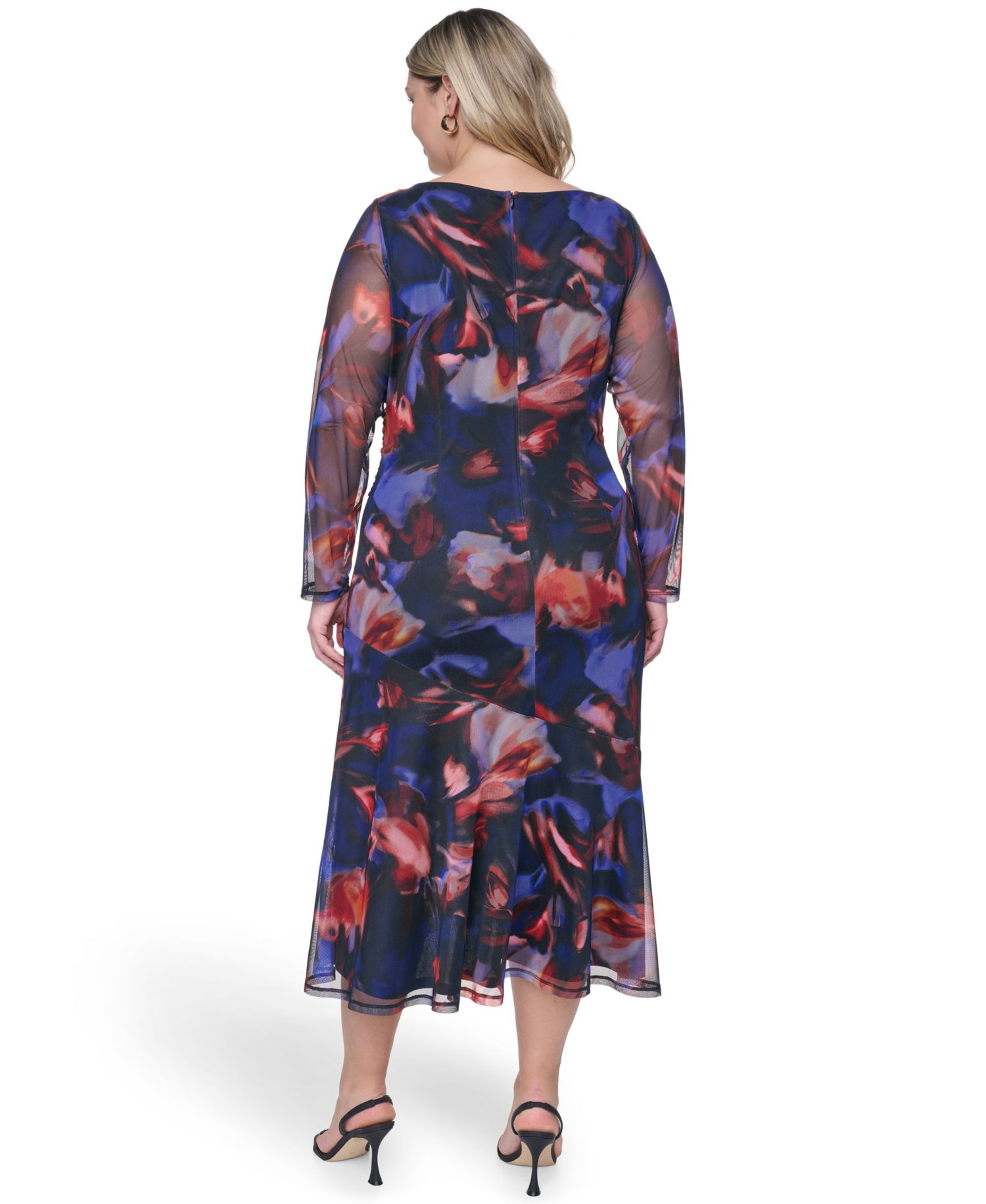 Plus Size Printed Side Ruched Mesh Midi Dress