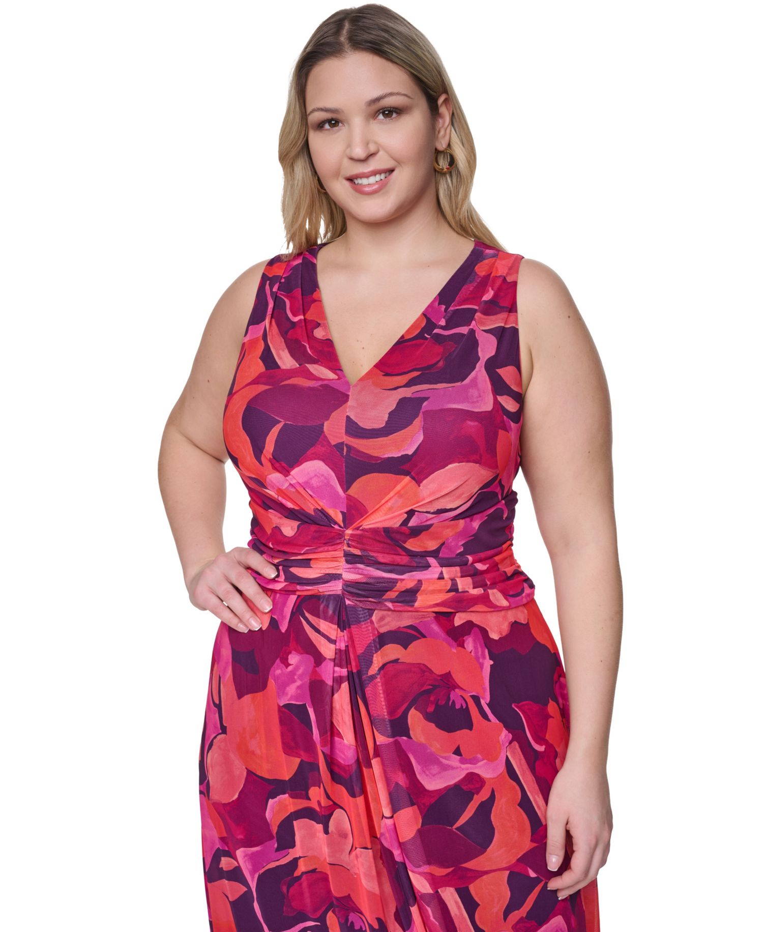 Plus Size Sleeveless V-Neck Ruched Waist Midi Dress