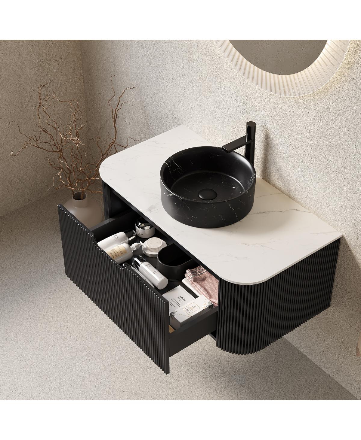 Sillysis Wall Mounted Bathroom Vanity with Sintered Stone Top, Ceramic Round Sink, Stripe Drawer