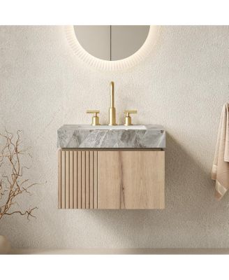 Sillysis - Mounted Bathroom Vanity with Italian Sintered Stone Top, 3-Hole Ceramic Sink, Soft Close Storage Cabinet, Pre-assembled