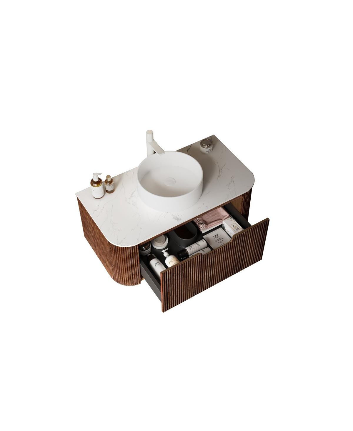 Sillysis Wall Mounted Bathroom Vanity with Sintered Stone Top, Round Ceramic Vessel Sink, Walnut Striped Drawer