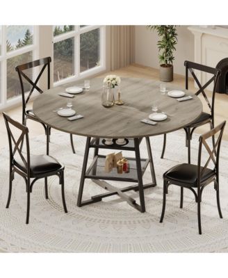 Modern Industrial Round Dining Table For 4-6 - 2-Tier Storage Shelf - Sturdy Wood And Metal Construction - Space-Saving Design For Dining Room