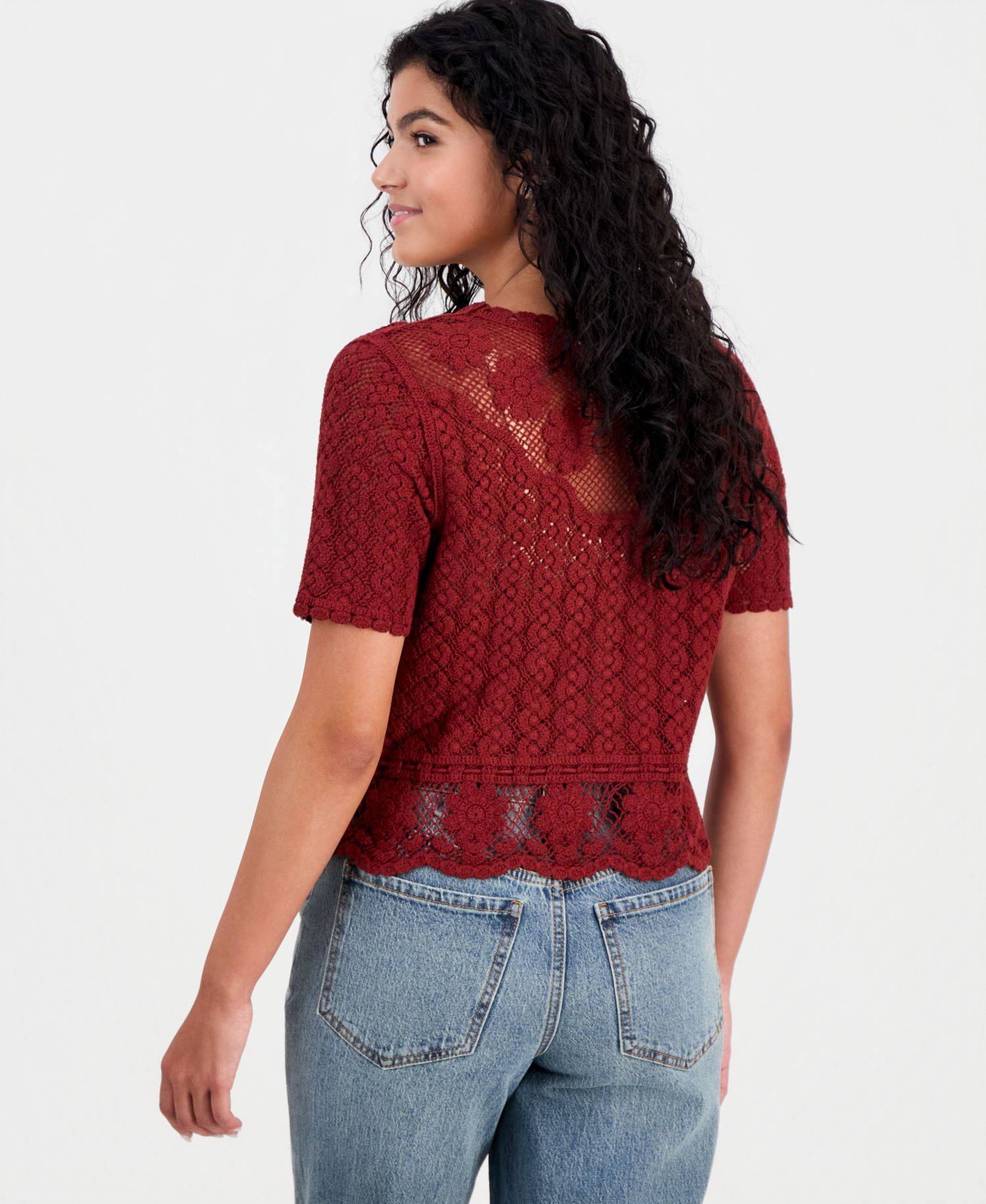 Women's Cotton Crochet Button-Front Peplum Top