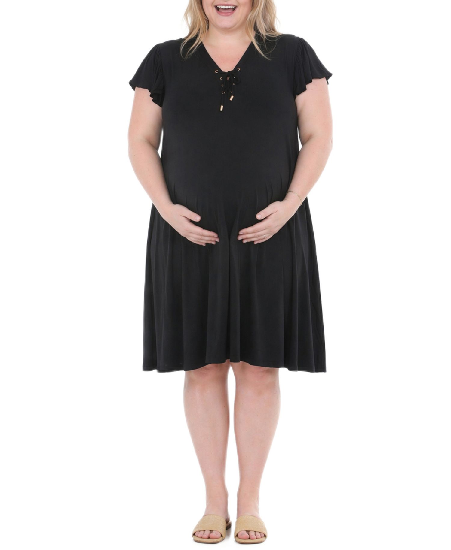 Plus Size Flutter-Sleeve Tie-Neck Maternity Dress