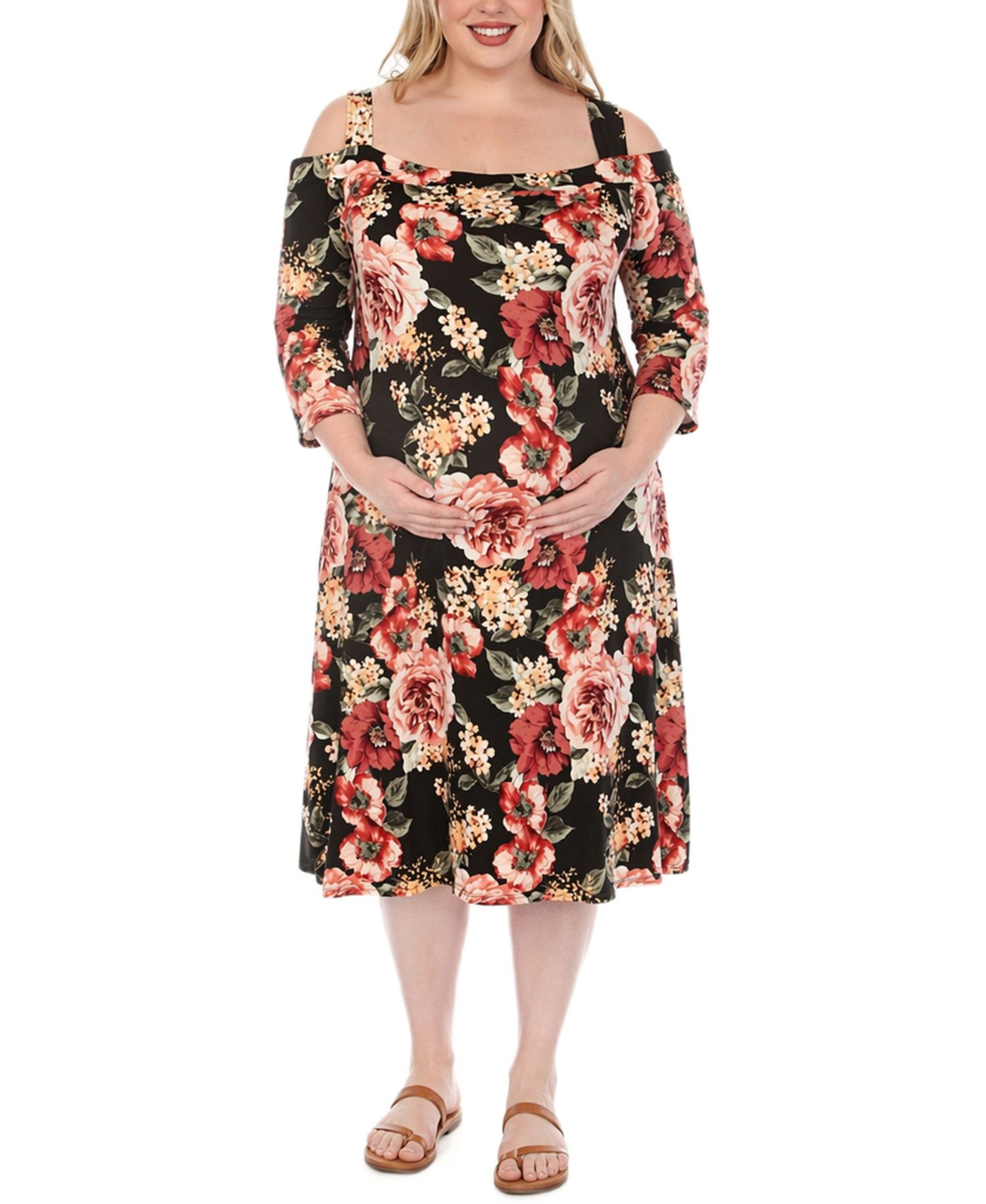 Plus Size Cold Shoulder Floral Print Maternity Dress