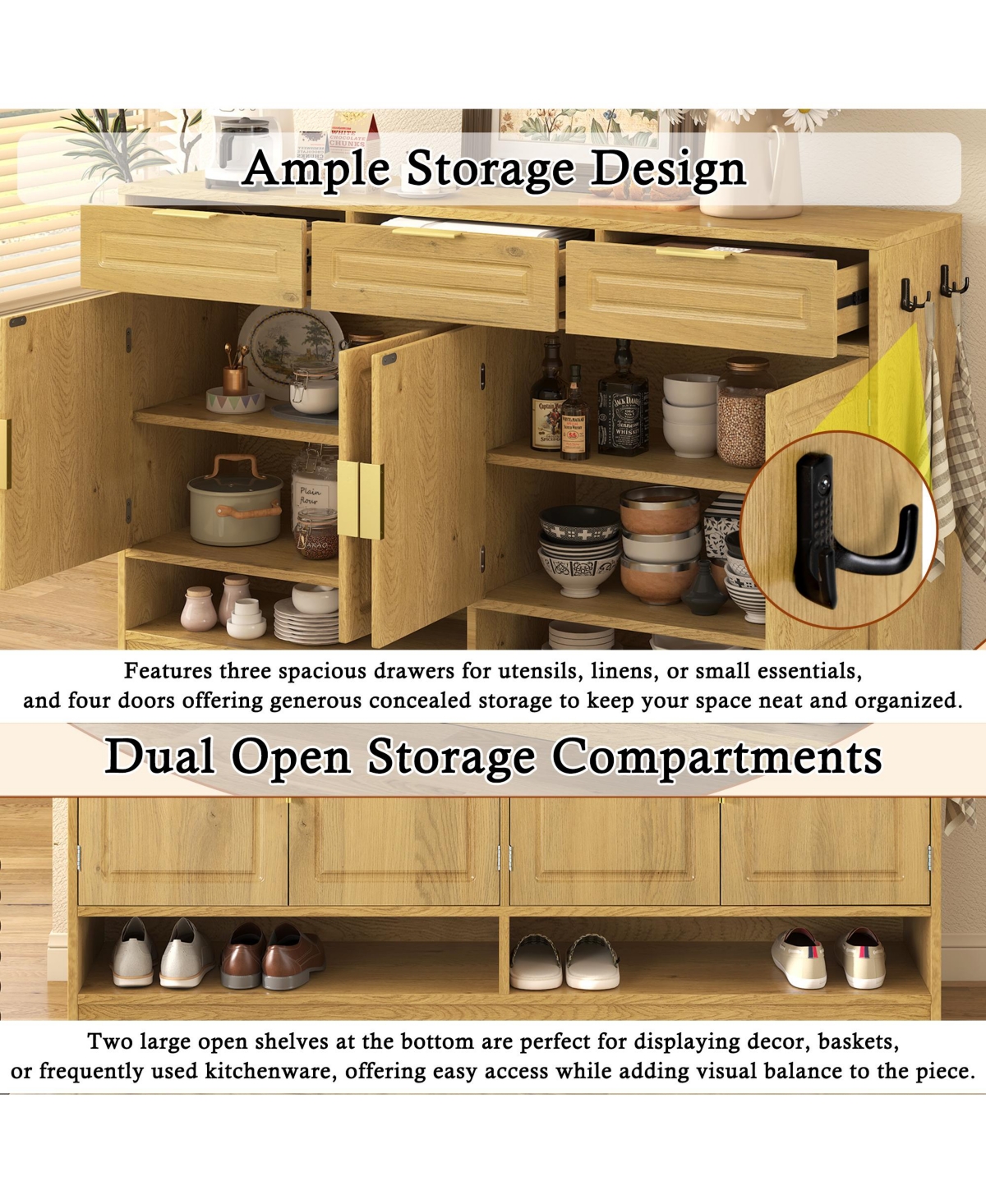 Rainsken Farmhouse Buffet Cabinet with 3 Drawers and 4 Doors, Storage Sideboard with Adjustable Shelf and Open Shelves for Dining Room, Living Room