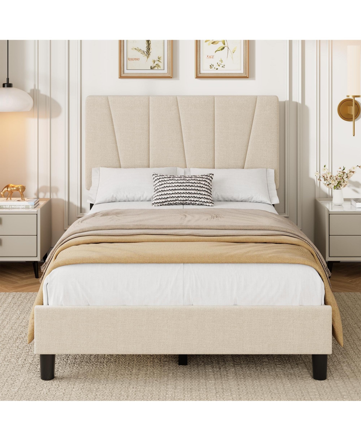 homfan Linen Upholstered Platform Bed Frame with 3-Level Adjustable Headboard, Wood Slat Support, Quiet Design