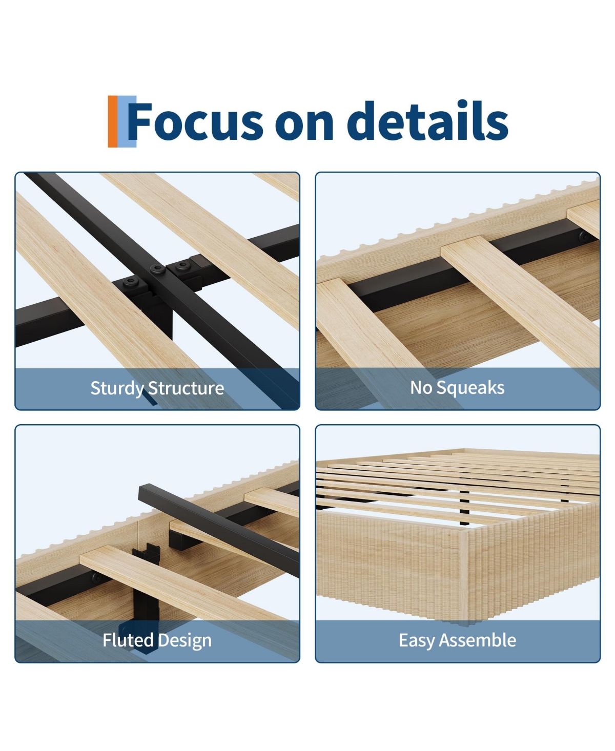 homfan Wood Platform Bed Frame with Fluted Design, Low Profile Bed, Quiet Slat Support