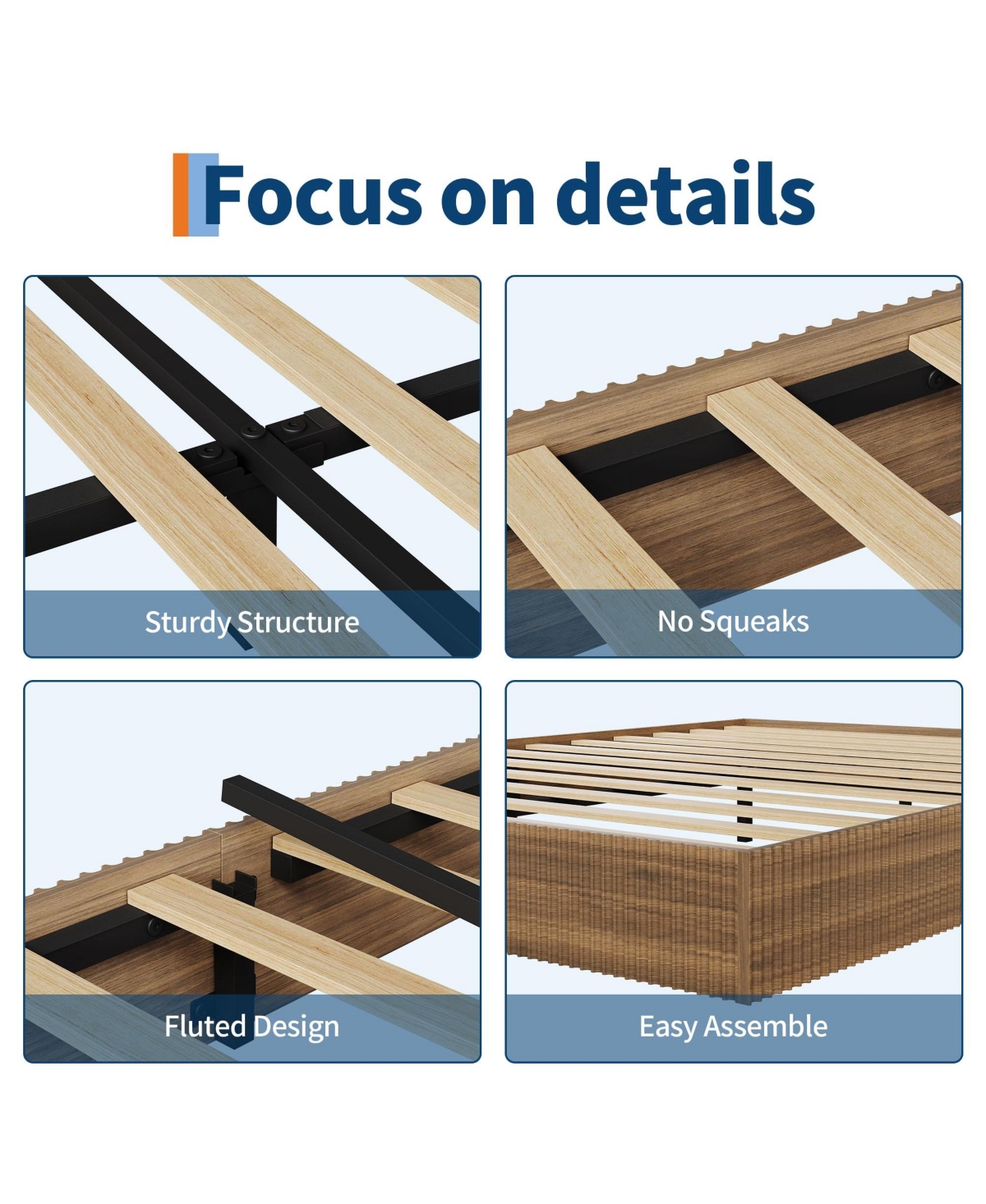 homfan Wood Platform Bed Frame with Fluted Design, Low Profile Bed, Quiet Slat Support