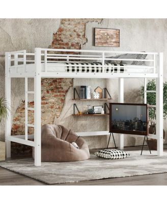 Metal Loft Bed with Ladder and Guardrails