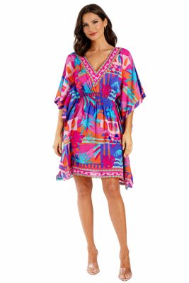 Women's Club Moda Blue Floral V-Neck Mini Dress - Smocked Waist Resort Wear Summer Vacation Dress