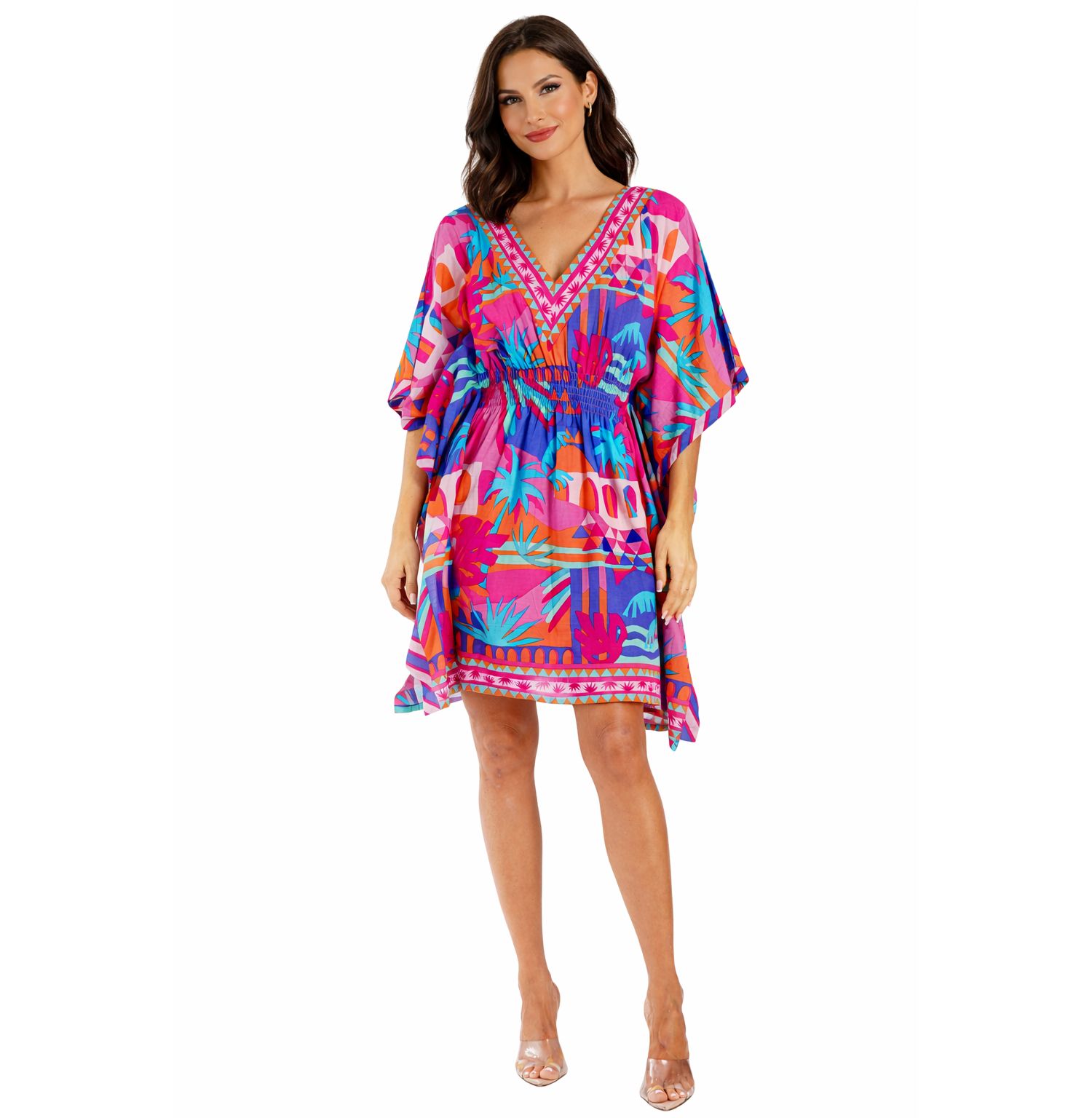 Women's Club Moda Blue Floral V-Neck Mini Dress - Smocked Waist Resort Wear Summer Vacation Dress
