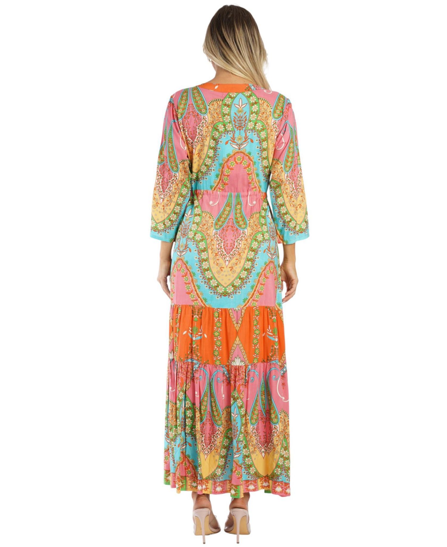 Women's Club Moda Tropical Paisley Maxi Resort Dress - Button Front V-Neck Vacation Dress with Waist Tie
