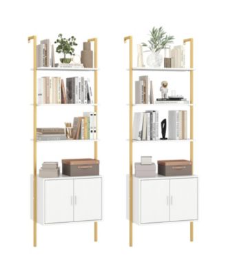 2 Piece 72.5 Inch Tall Bookshelf 5 Tier Wall Mount Ladder Bookcase with Cabinet