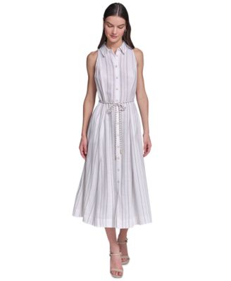 Women's Striped Rope Belt Midi Shirt-Dress