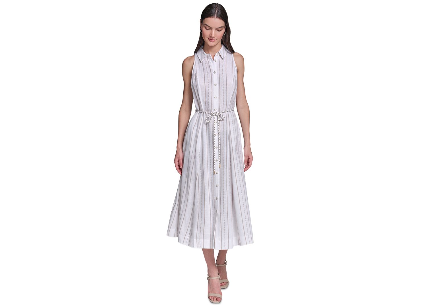 Women's Striped Rope Belt Midi Shirt-Dress