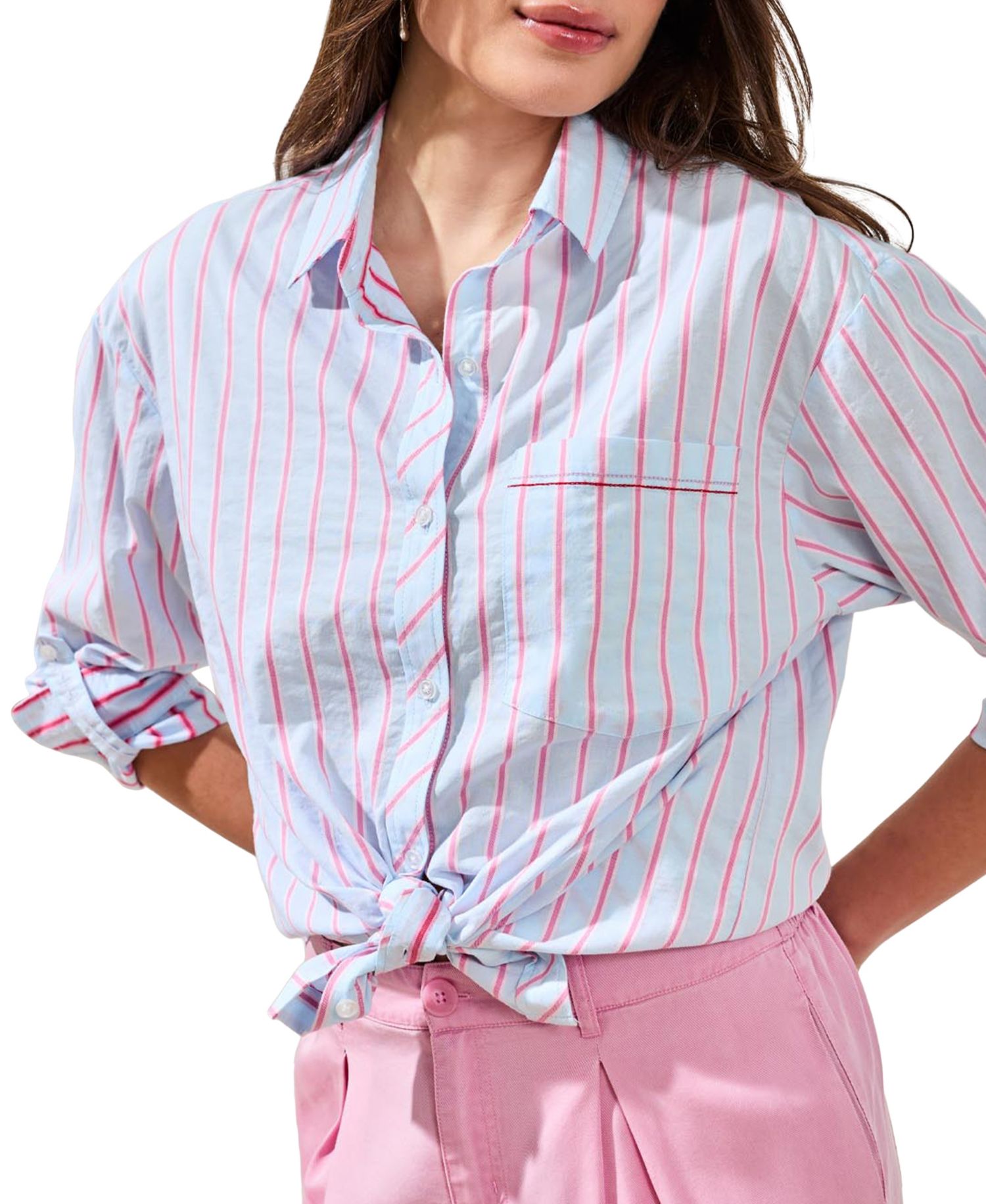 Women's Poplin Double Stripe Roll-Up-Sleeve Button-Front Shirt