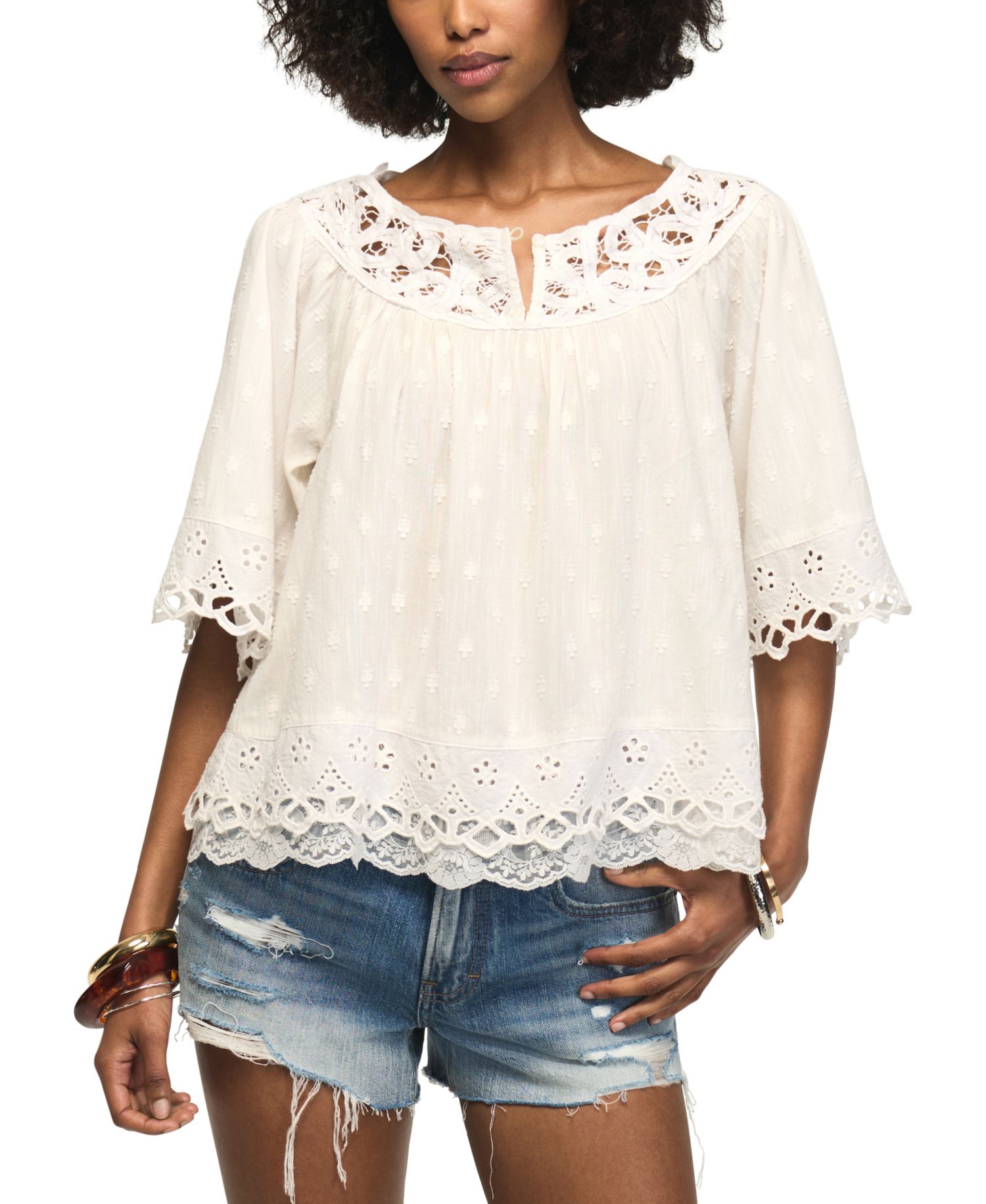 Women's Notch-Neck Lace Detail Top