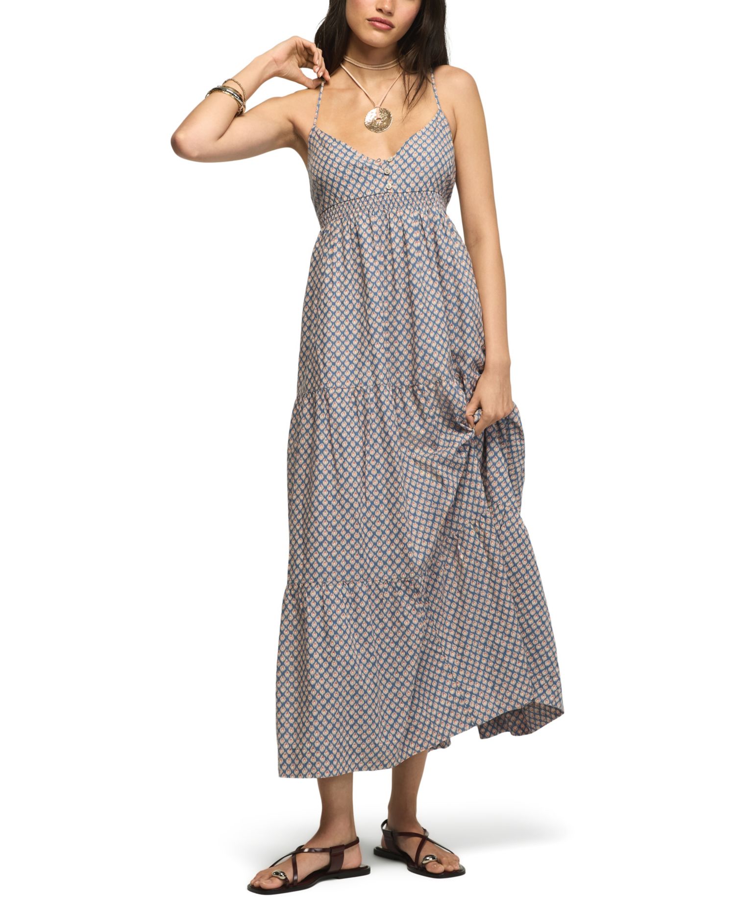 Women's Printed Ruched Waist Midi Dress