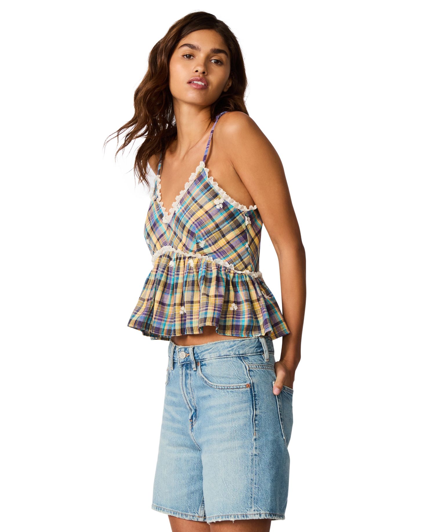 Women's Bryna Sleeveless Embroidered Plaid Peplum Top