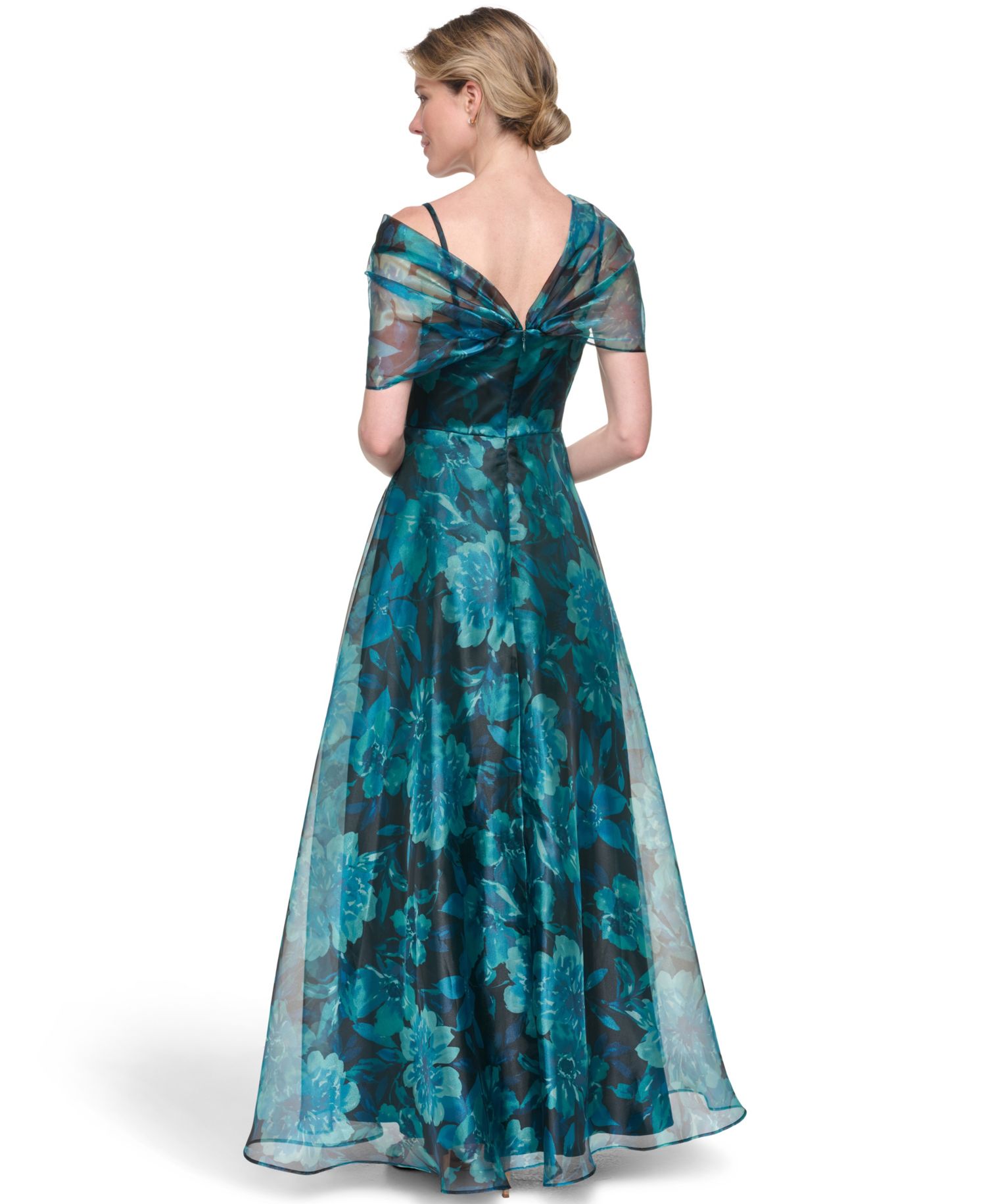 Petite Asymmetric Neck Cap-Sleeve Ball Gown