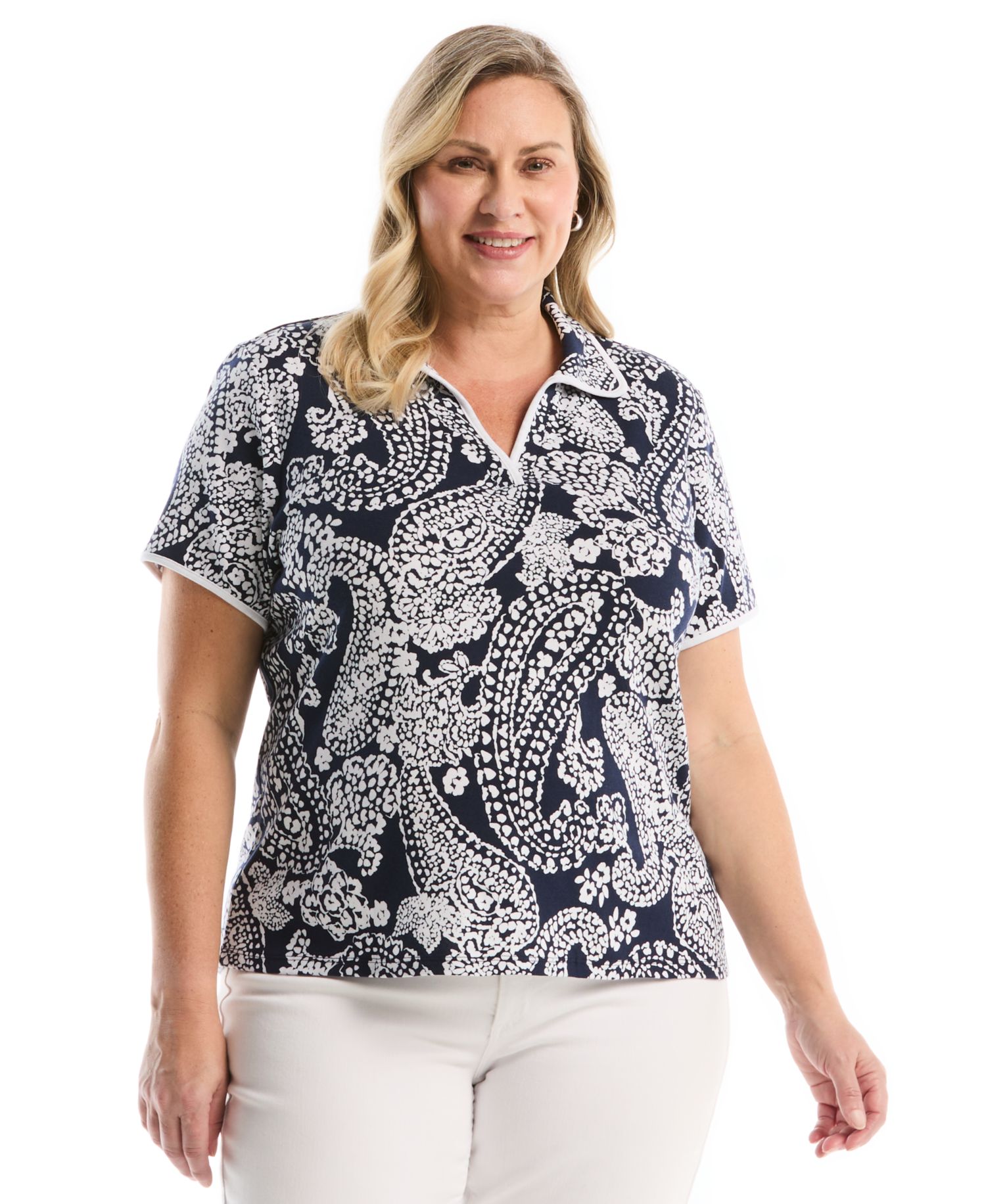 Plus Size Paisley Print Contrast Trim Johnny Collar Short-Sleeve Polo Shirt