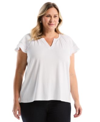 Plus Size Eyelet Flutter-Sleeve Split Neck Short-Sleeve Top