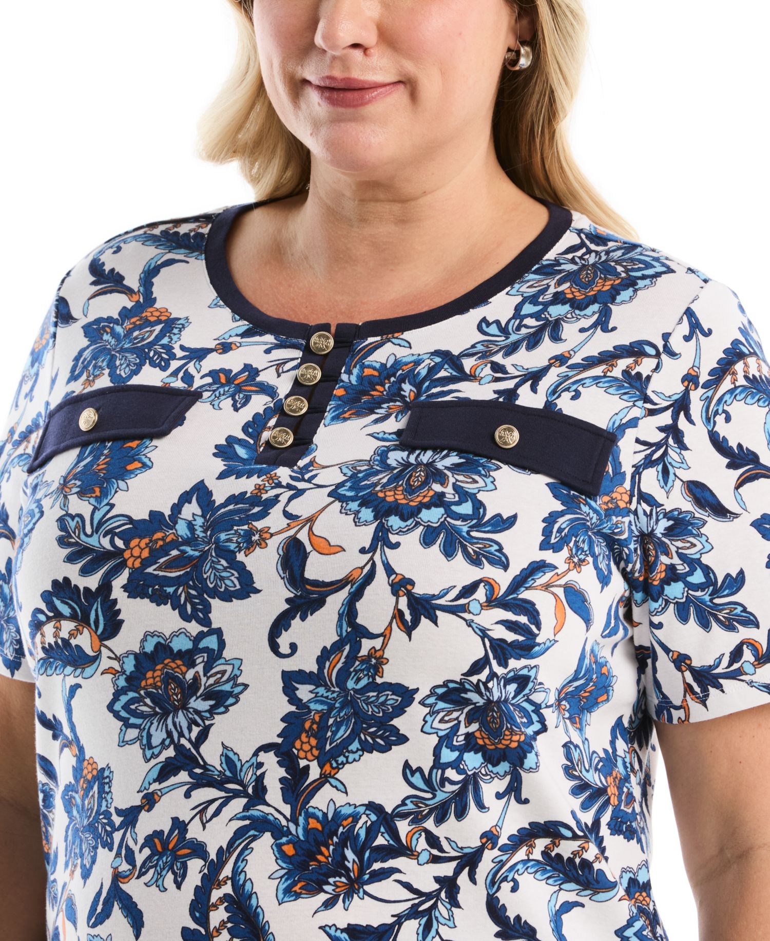 Plus Size Botanical Welt Pocket Button Detail Short-Sleeve Top