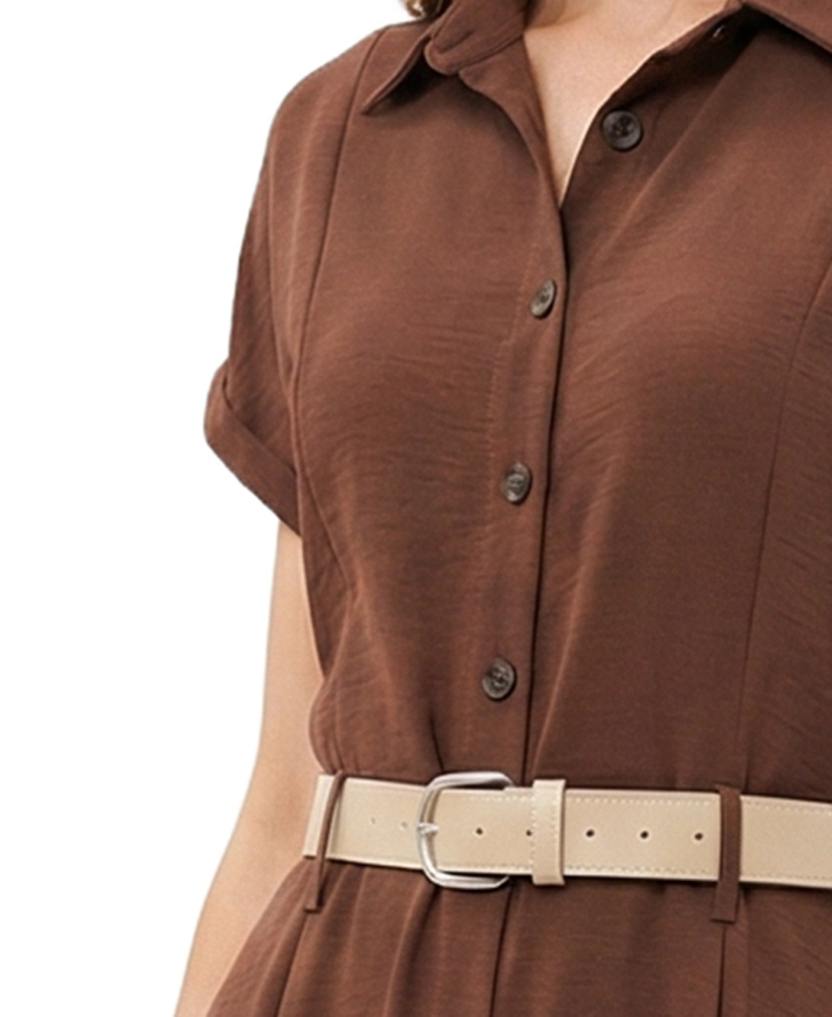 Ny Collection Petite Short Sleeve Button Front Belted A-Line Dress