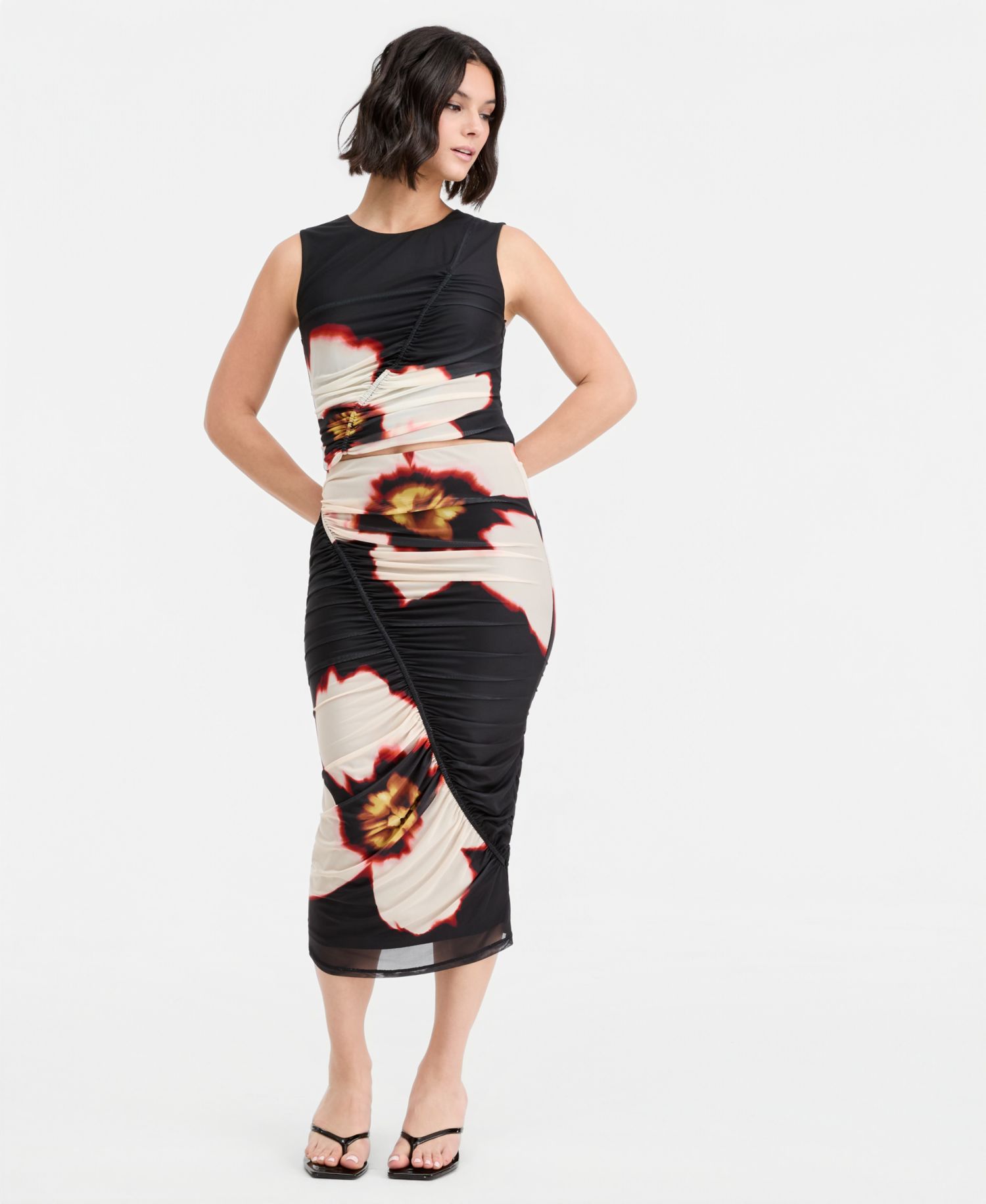 Women's Plaid Mesh Ruched Bodycon Midi Skirt