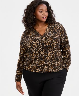 Plus Size Animal Print V-Neck Long-Sleeve Top