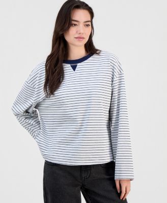 Juniors' Oversized Striped Long-Sleeve Top