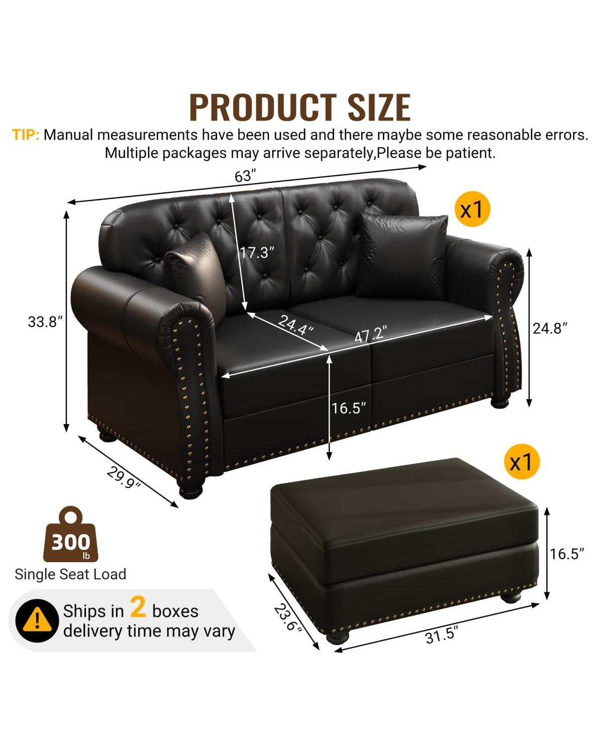 Maison Boucle 63'' Faux Leather Loveseat and Ottoman Set, Tufted Nailhead, Wood Frame