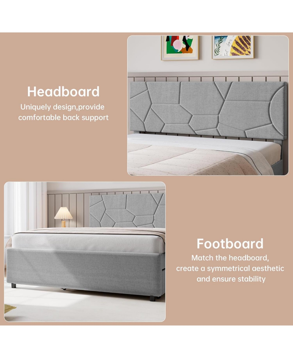 gaomon Bed Frame with Trundle, Upholstered Platform Bed Frame with Headboard, Trundle Bed Twin, Wood Slat Support, for Bedroom, Living Room