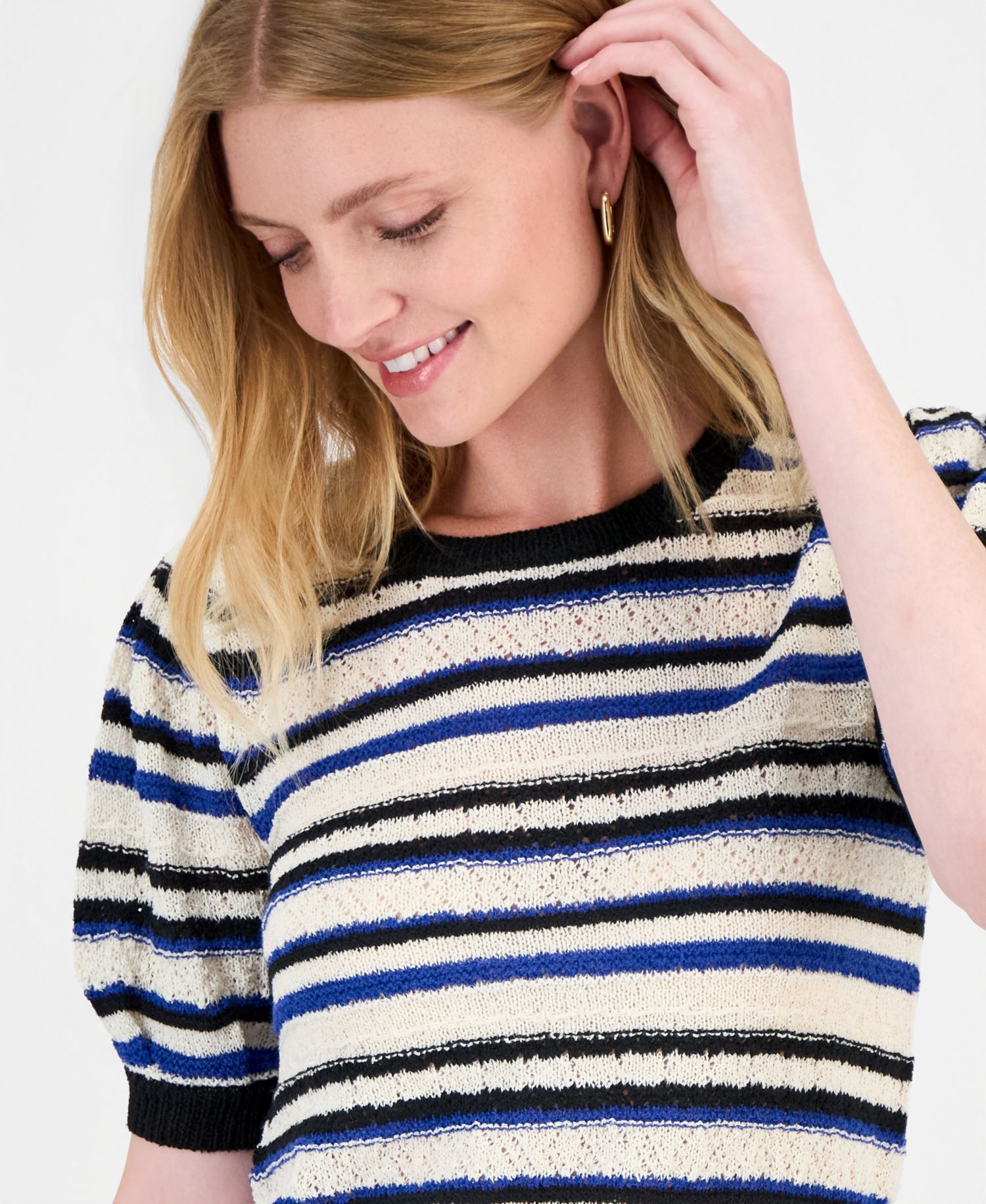 Women's Striped Puff-Sleeve Pointelle-Knit Top