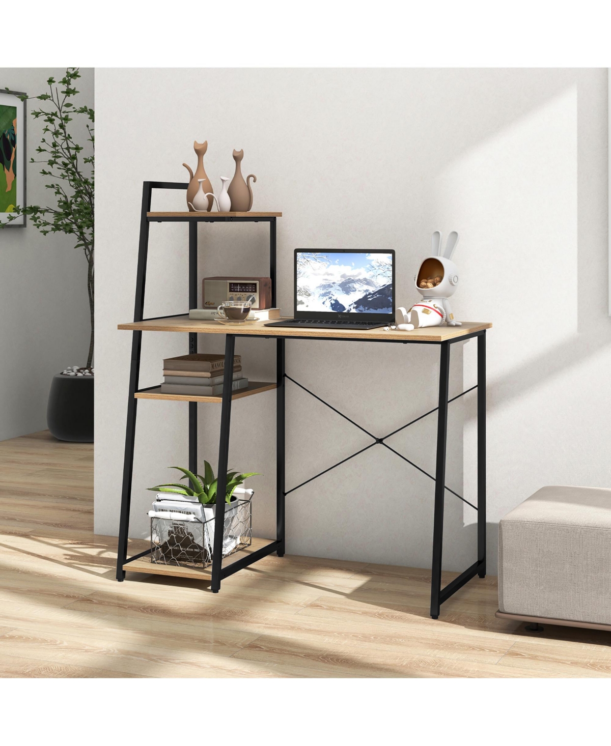 Gymax Home Office Desk Computer Desk w/ Bookshelf Host Stand Metal Frame Study Writing Desk