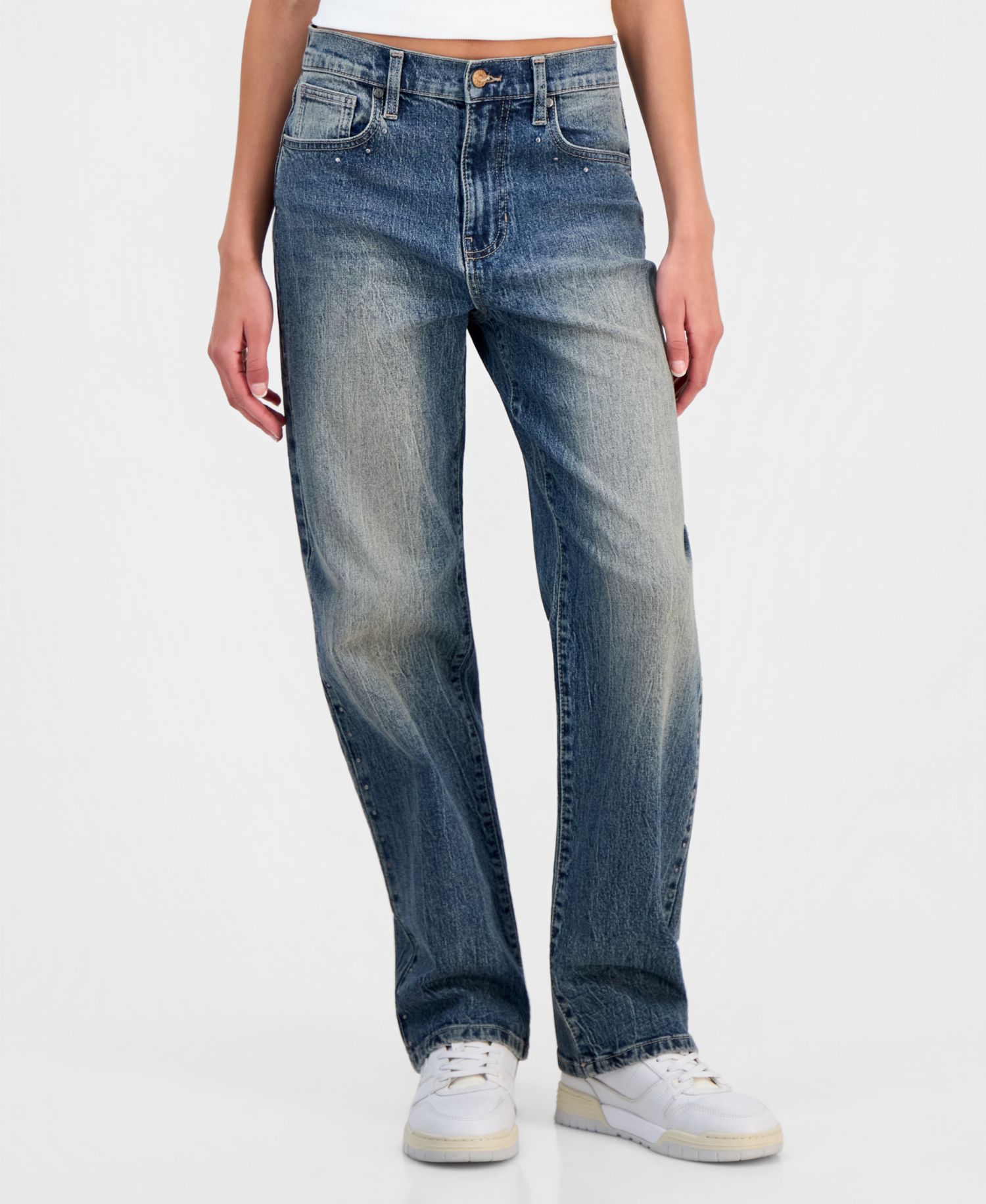 Juniors' Ultra High-Rise Studded Straight-Leg Jeans