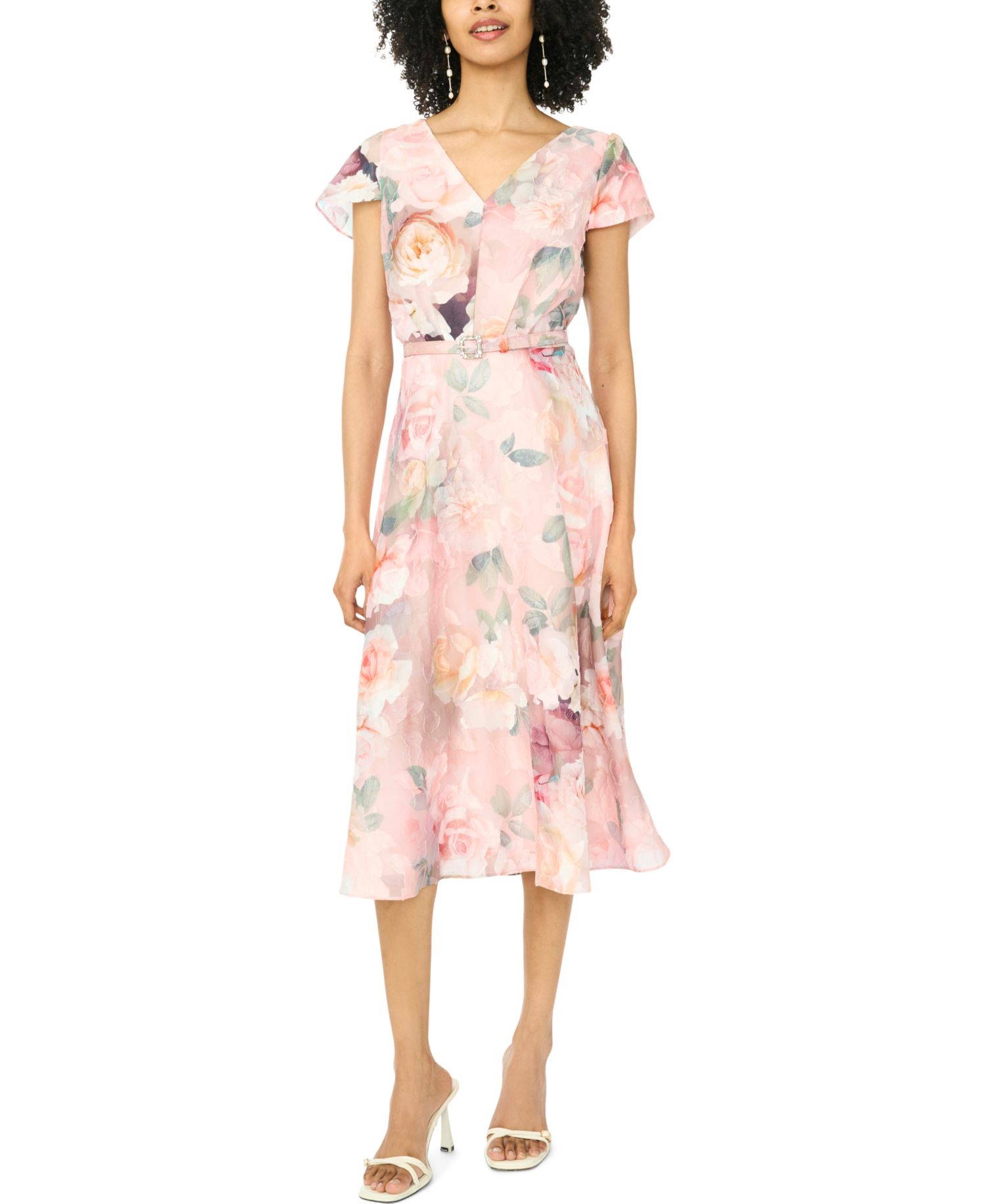 Women's Flutter-Sleeve V-Neck Fit & Flare Dress