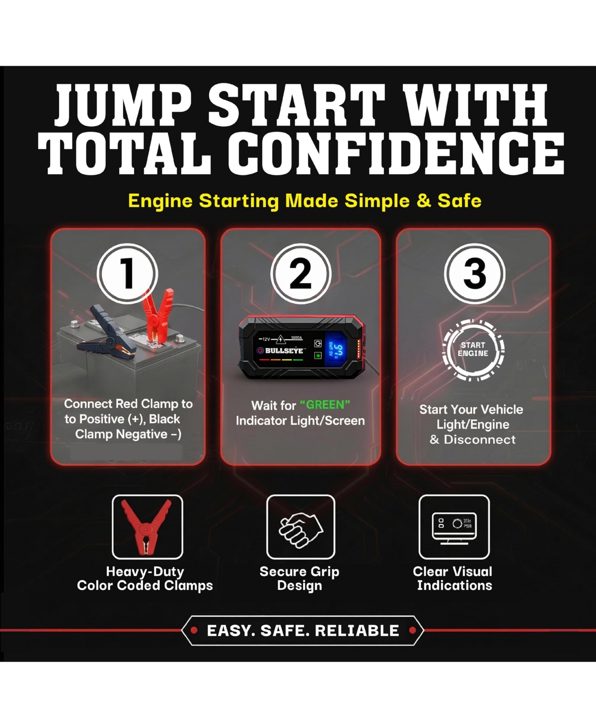 Bullseye 12V 1800mAh Rechargeable Portable Battery Jump Starter with Light, Power Bank