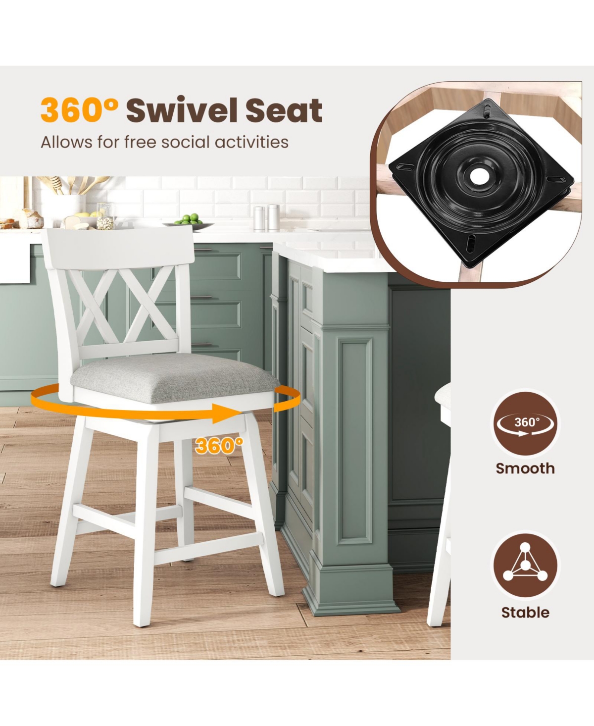 Gymax 26 Inch Set of 2 Bar Stool Wooden Chair Contoured Backrest Swivel Padded Seat