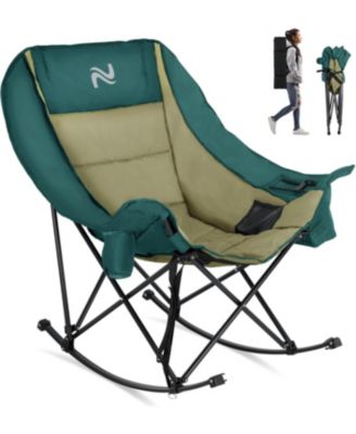 Oversized Rocking Camping Chair: 37"x45". Fully Padded Folding Outdoor Recliner with Side Pocket. Supports 400 lbs. For Patio and Camp