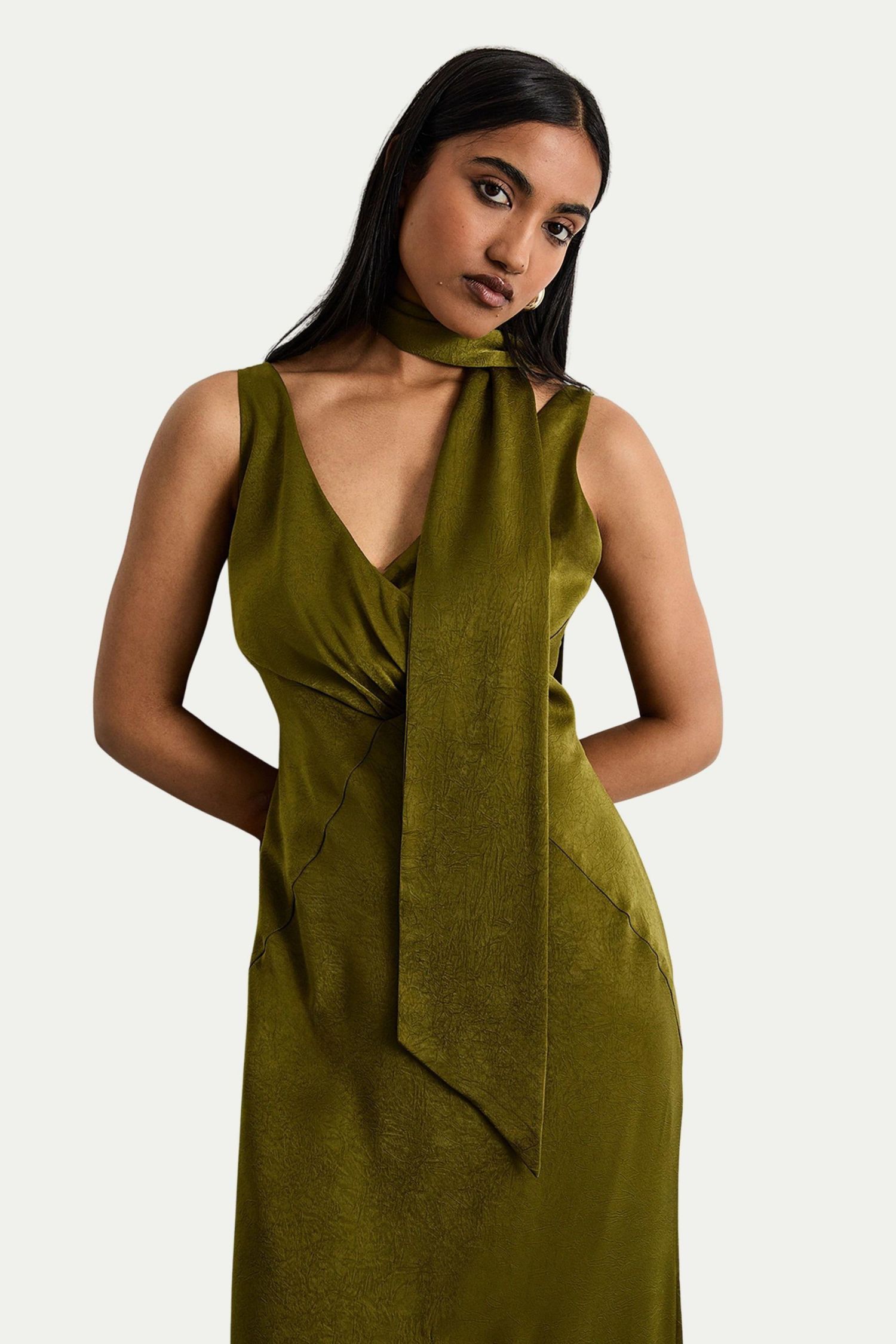 Women's Plain Scarf Detail Tie Neck Maxi Dress