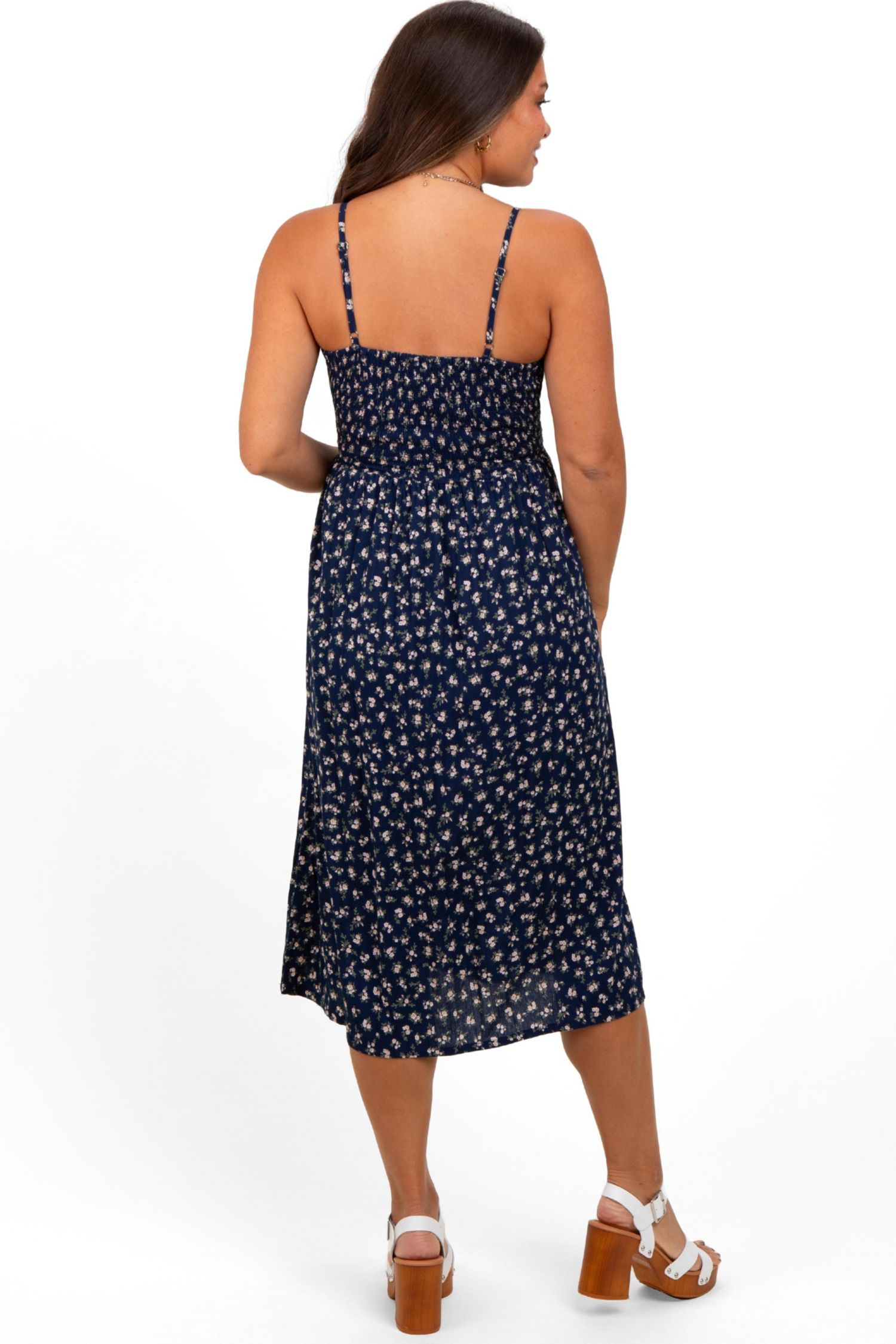 Women's Navy Floral Twist Front Cut Out Midi Dress