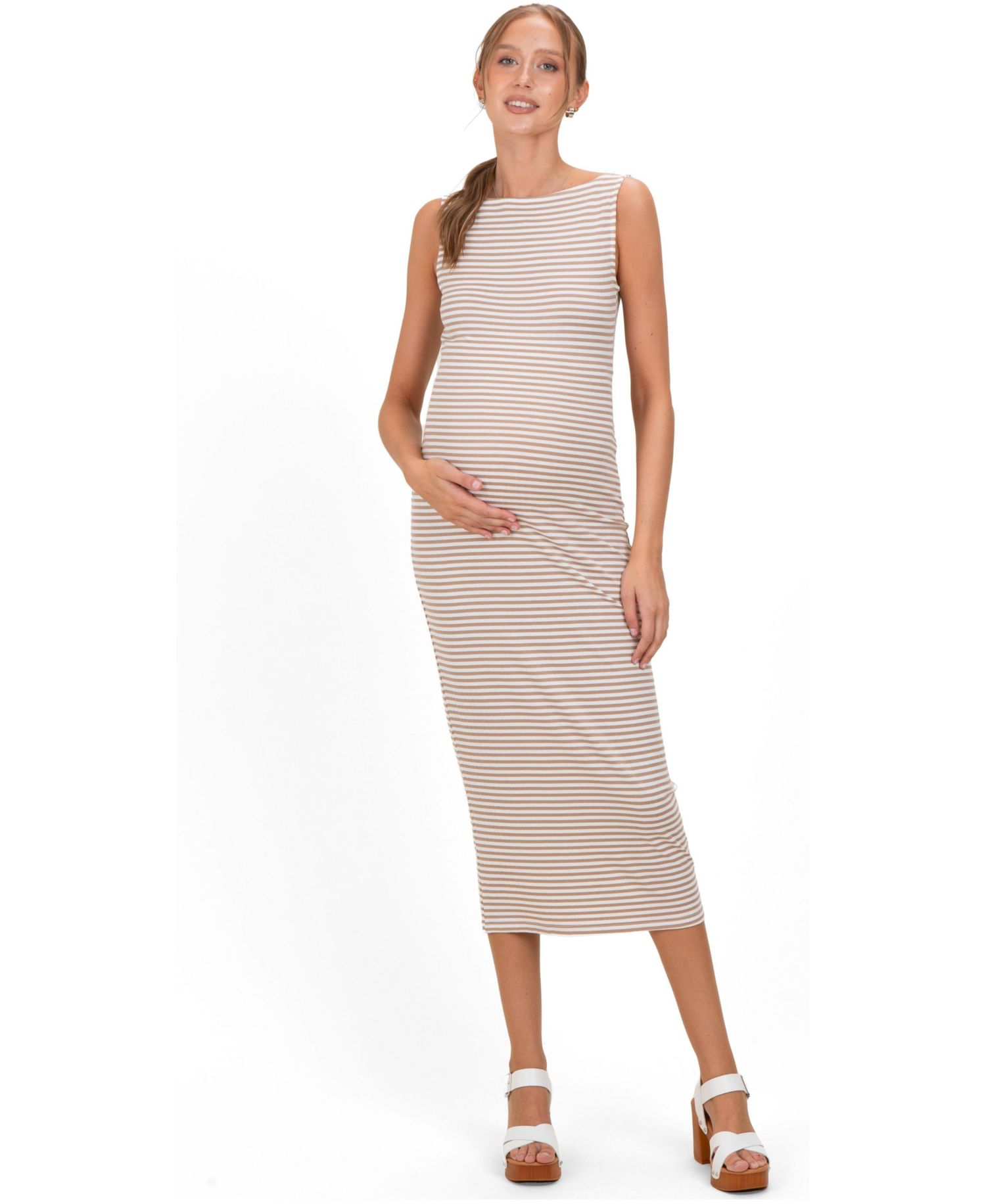 Women's Olive Striped Boat Neck Sleeveless Midi Dress