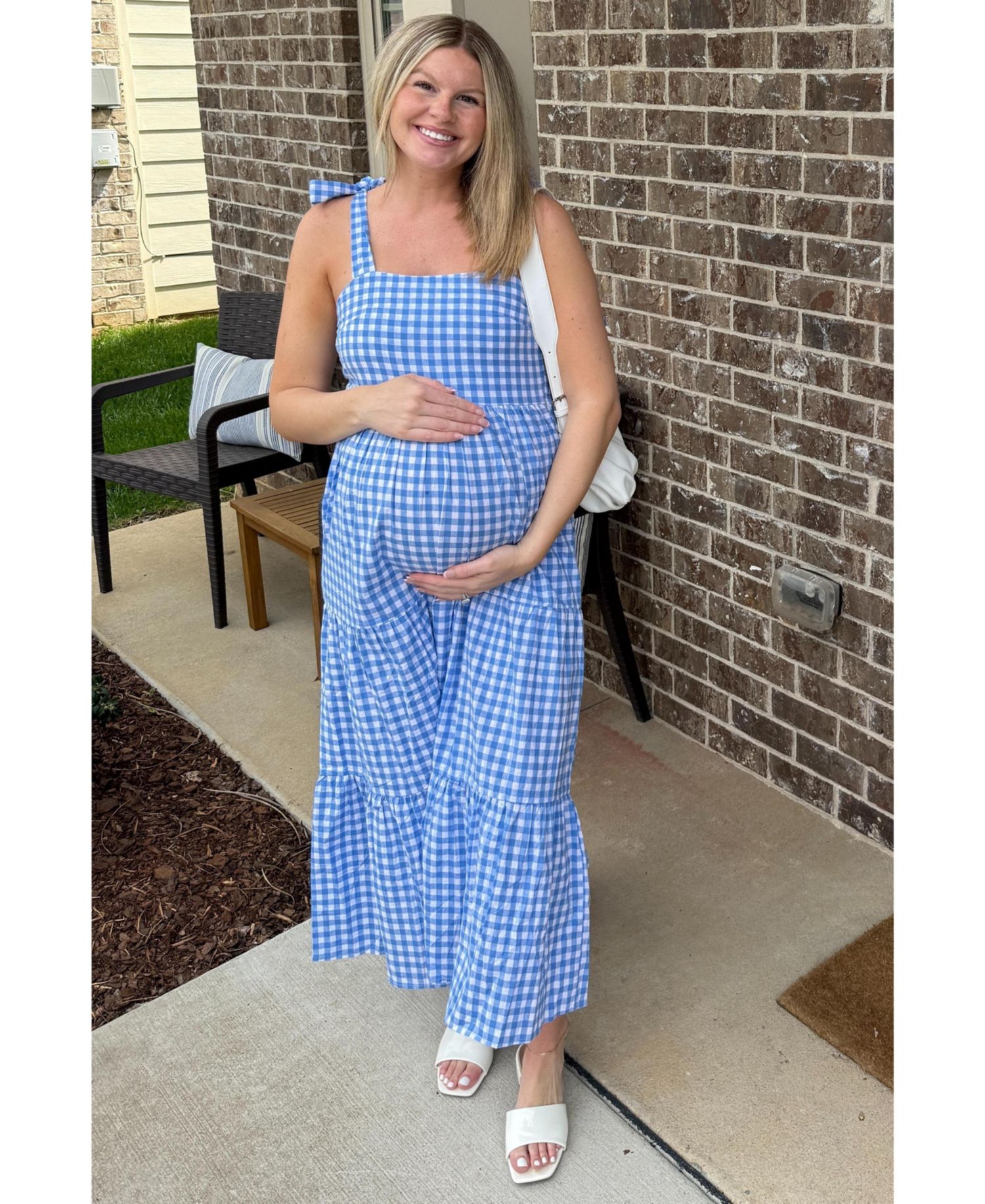 Women's Blue Checkered Sleeveless Tiered Maxi Dress