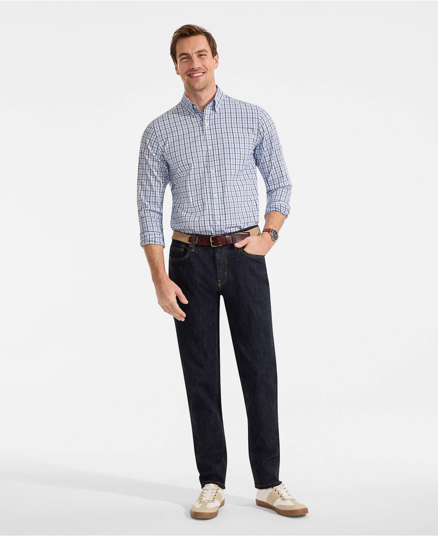 Мужская рубашка Lands' End Tailored Fit Pinpoint Buttondown Collar Dress Shirt, цвет: Морской тёмно-синий клетчатый — фото 3