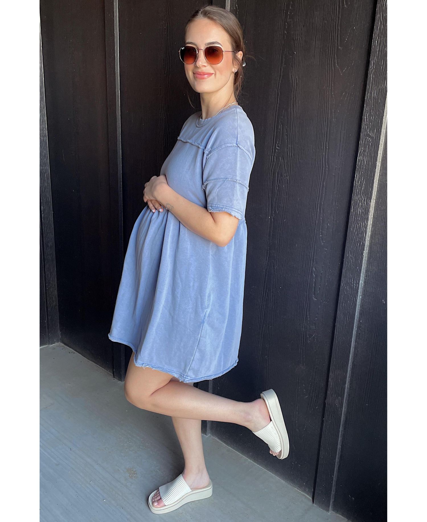 Women's Blue Raw Hem Short Sleeve Dress
