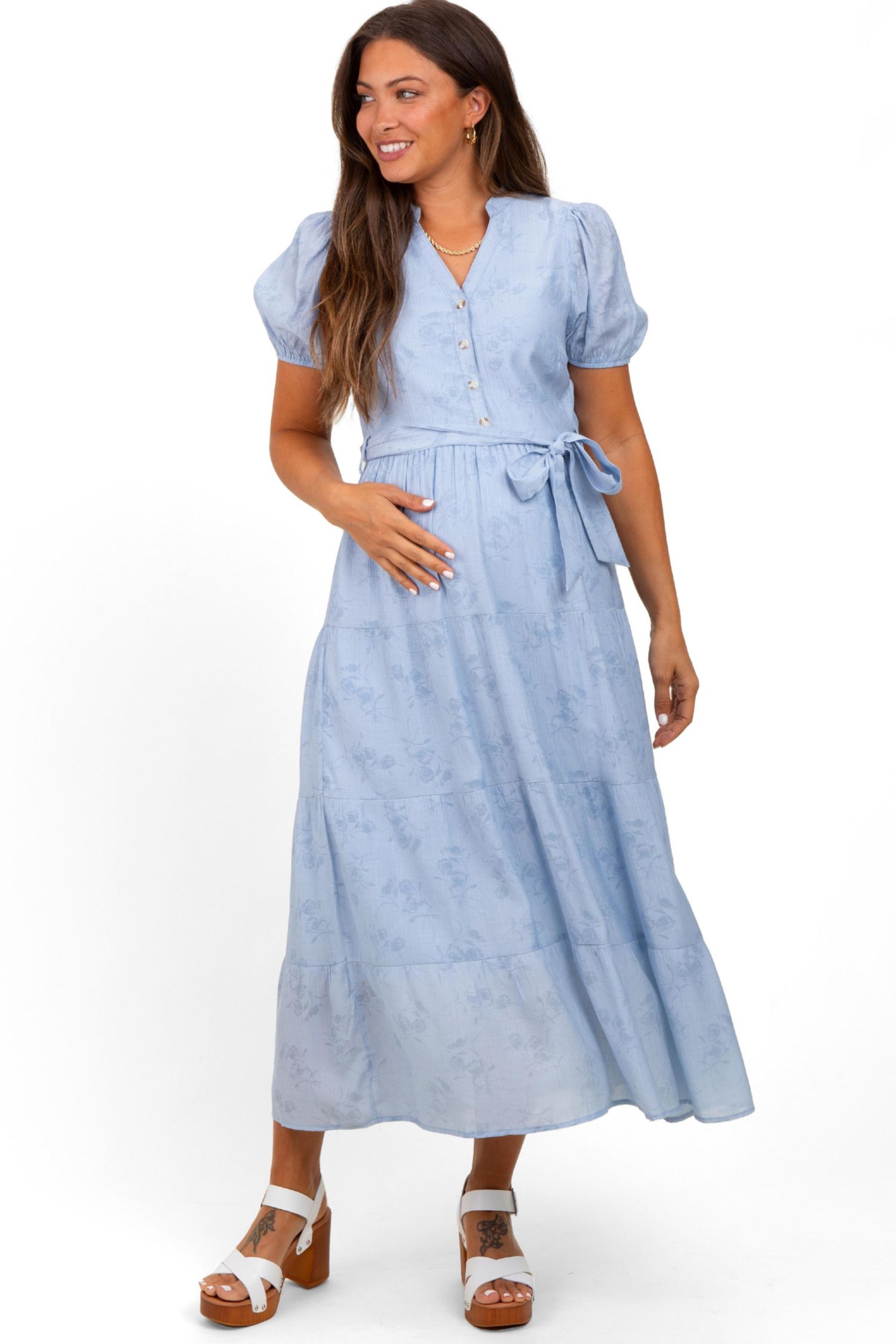 Women's Light Blue Split Neckline Tiered Midi Dress