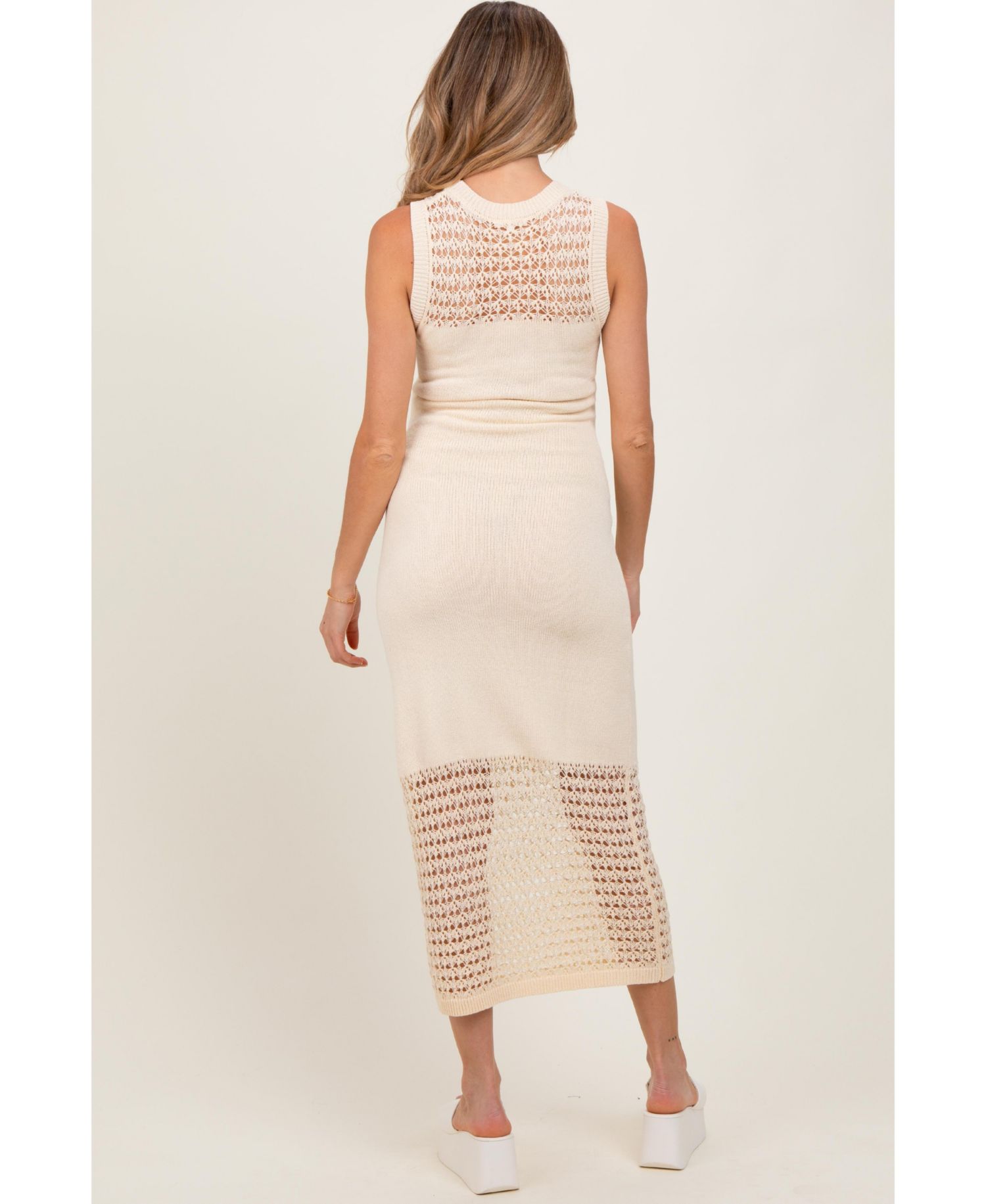 Women's Cream Crochet Knit Sleeveless Maxi Dress