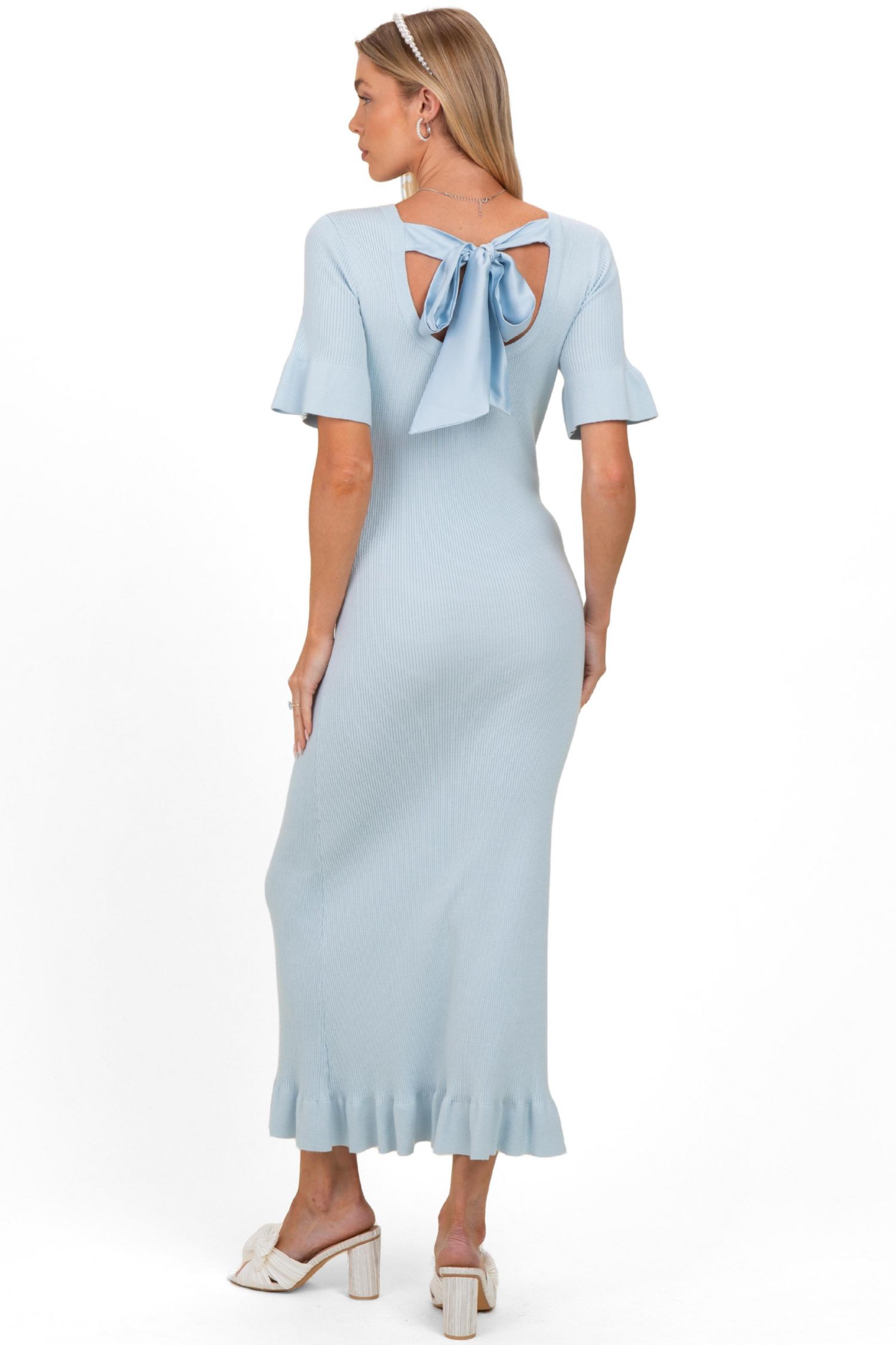 Women's Sky Ribbed Knit Bow Back Ruffle Accent Dress